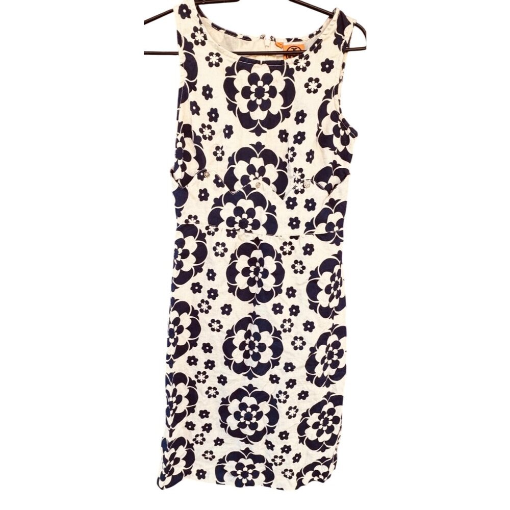 Tory Burch Women's Size 2 Floral Sleeveless Linen Dress Navy & White  Mini